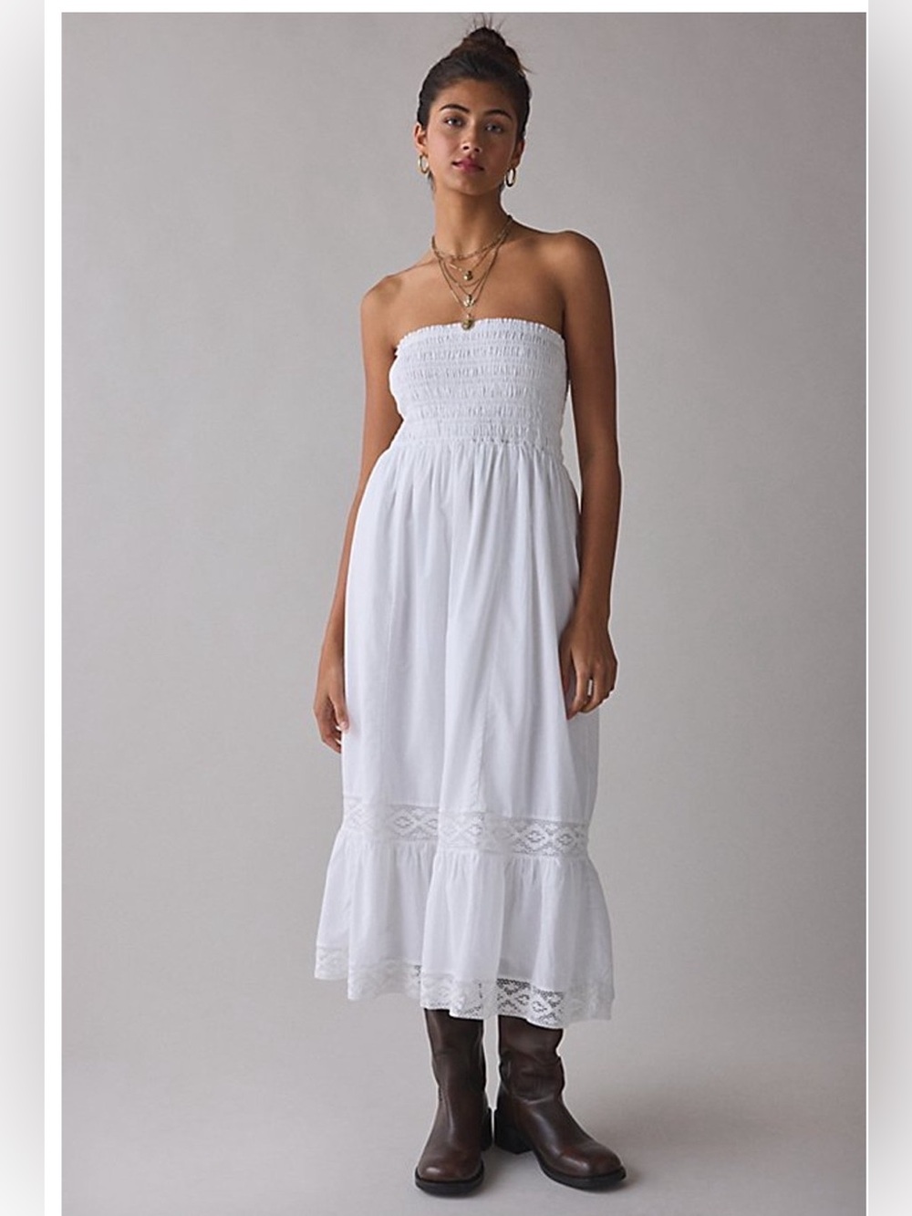 Kimchi Blue 2-for-1 Convertible Lace Trim Smocked Dress, White Cotton, Size M
